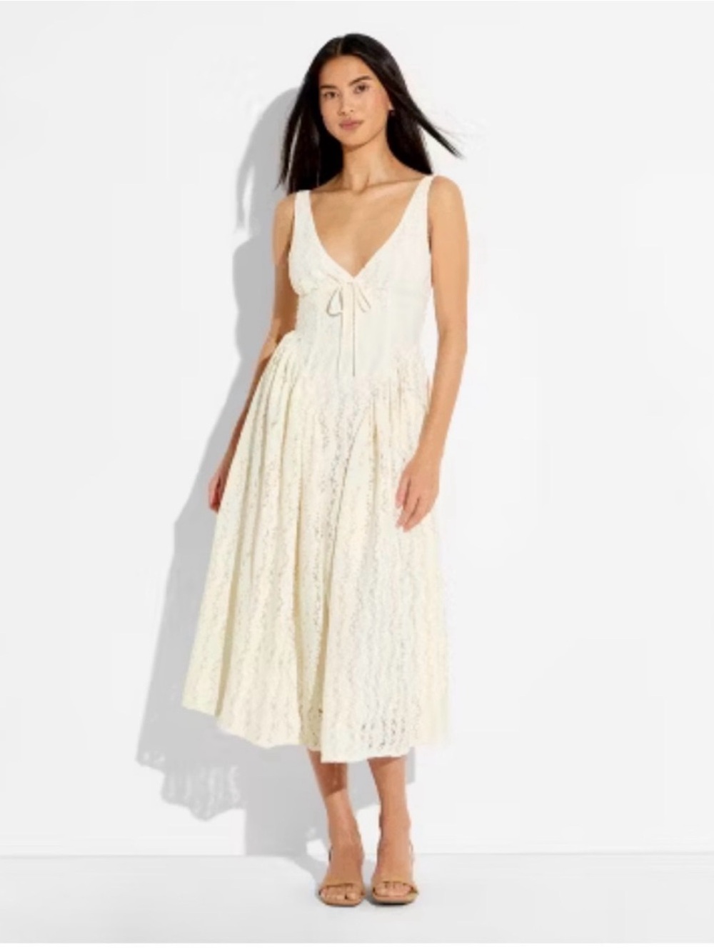 V-Neck Ivory Lace Midi Dress with Tie Bodice